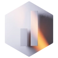 Abstrakte geometrische Komposition: zwei vertikale Rechtecke vor hellem gradientem Hintergrund mit orangefarbenem Lichtschein.