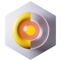 Hexagonale weiße Platte mit einem runden Objekt in der Mitte, linke Hälfte gelb, rechte Hälfte rosa/weiß, oranges Zentrum.