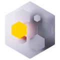 Hexagonale Grafik: Gelbes Hexagon links, weitere graue und weiße Sechsecke in einem größeren Hexagonrahmen.