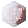 Halbtransparentes Hexagon mit leuchtendem Gitter aus Pluszeichen, Verlauf von Weiß zu Orange.