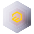 Mehrschichtige Hexagonform mit violettem Verlauf; in der Mitte ein gelbes abstraktes Symbol.
