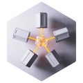 Sechseckige Grundplatte mit zentralem orangefarbenem Knoten und fünf grauen Quadern ringsum.