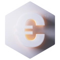 3D-Eurozeichen (€) in Orange vor einer hellgrauen Hexagon-Platte, mit sanftem Schatten.