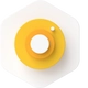 Mehrlagiger gelb-oranger Knopf mit weißem Zentrum, kleinem weißen Ball oben rechts, auf hellem Hintergrund.