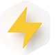 Gelbes Blitz-Symbol auf weißem runden Hintergrund mit leichtem Schatten.