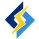 Logo mit zwei blauen Formen (dunkelblau und hellblau) und einer gelben Blitzlinie dazwischen.