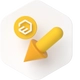 Gelber Pfeil nach unten links neben gelbem Kreis mit weißem Logo auf weißem Hintergrund.