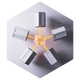 Sechseckige Grundplatte mit zentralem orangefarbenem Knoten und fünf grauen Quadern ringsum.