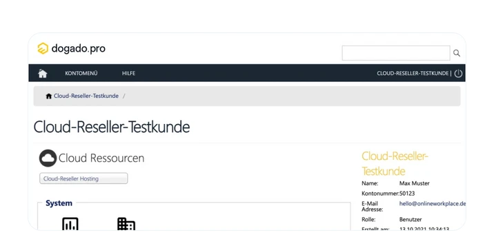 Screenshot einer dogado.pro-Webseite: Logo oben links, Suchfeld oben rechts, Breadcrumb und Überschrift 'Cloud-Reseller-Testkunde'.