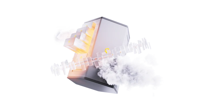 Abstraktes 3D-Gebilde: grauer Würfel mit orangefarbiger Beleuchtung, umgeben von weißen Prismensequenzen und einer Wolke.