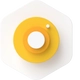 Mehrlagiger gelb-oranger Knopf mit weißem Zentrum, kleinem weißen Ball oben rechts, auf hellem Hintergrund.