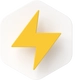 Gelbes Blitz-Symbol auf weißem runden Hintergrund mit leichtem Schatten.