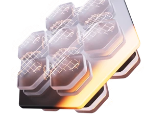 Mehrere graue sechseckige Module mit weißem Gittermuster auf einer goldfarbenen Platte.