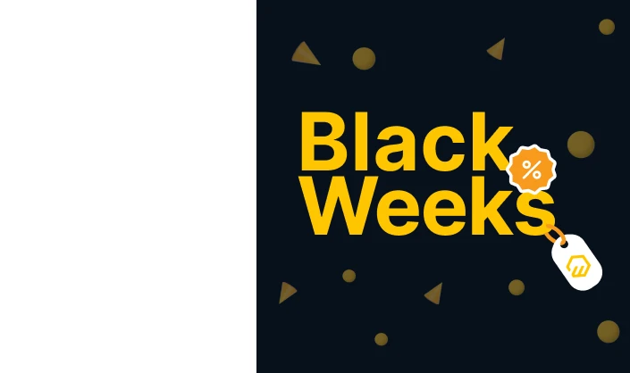 Dunkelblauer Hintergrund, gelber Text Black Weeks, gelbe Kreise und Dreiecke, weißer Anhänger mit orangefarbenem Symbol.