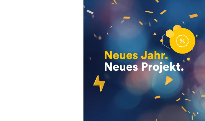 Banner mit dunkelblauem Hintergrund, gelbem Kreis mit Prozentzeichen und Konfetti; Text: Neues Jahr. Neues Projekt.