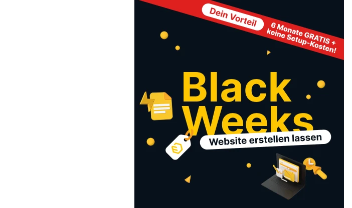 Dunkles Werbebild mit gelbem Text Black Weeks und Banner Website erstellen lassen; roter Streifen oben rechts.