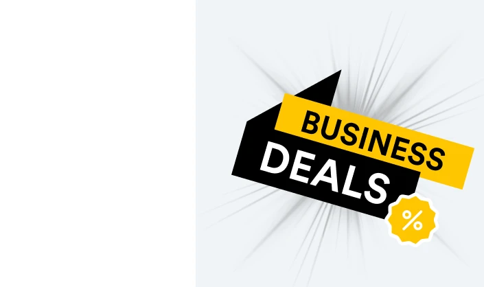 Schwarzes Banner mit DEALS, gelbes Schild BUSINESS, gelbes Prozent-Siegel; grauer Hintergrund mit Strahlen.