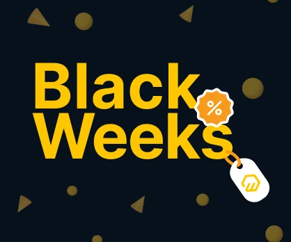 Dunkler Hintergrund mit gelbem 'Black Weeks'-Text, orange Kreis mit % über weißen Anhänger, Goldkonfetti.