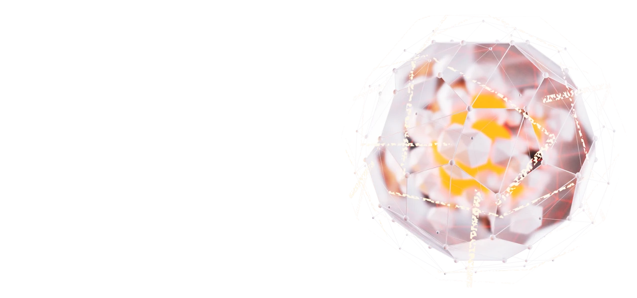 Rechte Seite: eine glänzende, facettierte kreisförmige Struktur in rosa und orange; linker Hintergrund schwarz.