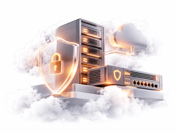 Mehrere Serverracks mit orange Beleuchtung, von Wolken umgeben; links Schild mit Vorhängeschloss, rechts Wolke.