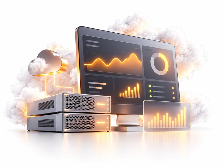 Mehrere Serverracks und Bildschirme mit gelben Linien- und Balkendiagrammen; links Wolke, leuchtende Datenanzeige.