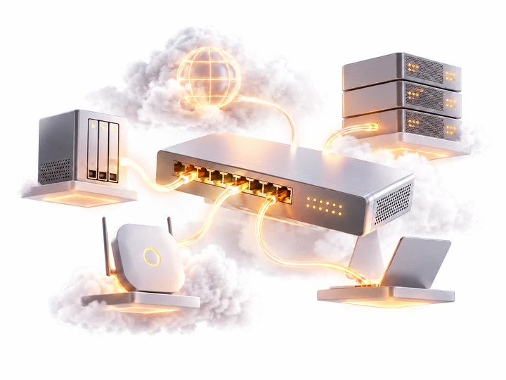 Netzwerk-Switch im Zentrum, orange leuchtende Kabel verbinden Server-Racks, Router und Laptop, umgeben von Wolken.