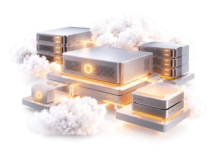 Mehrere silberne Server-Racks auf Plattformen, mit orange leuchtenden Linien; umgeben von weißen Wolken.