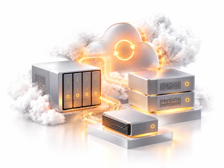 Mehrere Serverracks und ein Speichersystem; davor eine Wolke mit orange leuchtendem Kreislauf-Symbol, Kabel verbinden die Geräte.