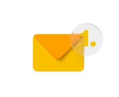 Gelber Briefumschlag mit orangefarbenem Deckel; rechts daneben ein weißer Kreis mit gelber Zahl 1.