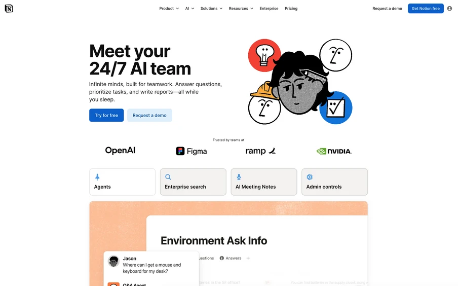 Webseite mit Überschrift Meet your 24/7 AI team, Cartoon-Gesichter über dem Text, blaue Buttons und darunter Logos.