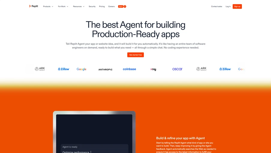 Startseite mit Überschrift The best Agent for building Production-Ready apps, Logos unten, orange Bereich mit Tablet.