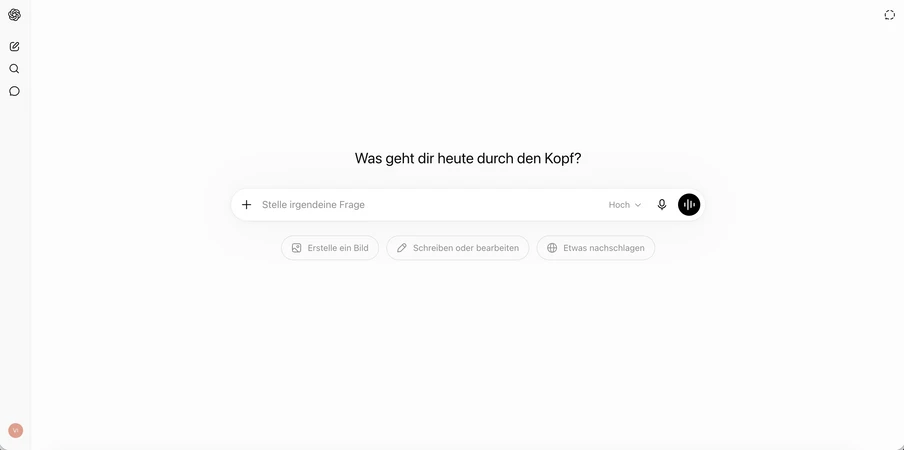 Weiße UI; zentrales ovales Eingabefeld mit Text 'Was geht dir heute durch den Kopf?'; graue Buttons darunter; linke Symbolleiste.