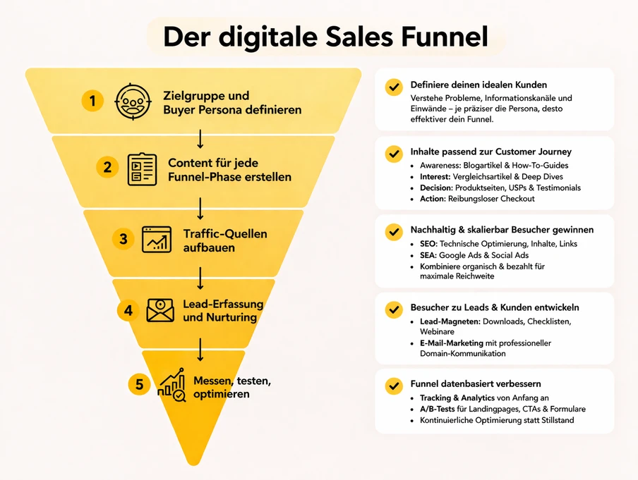 Titel: Der digitale Sales Funnel. Gelber Trichter mit fünf Stufen (1–5) links; rechts Textboxen mit Häkchen.