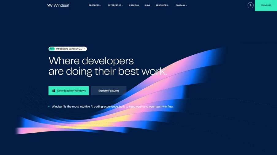 Dunkler blauer Webseiten-Header mit weißem Text 'Where developers are doing their best work.' und bunten Wellen unten.