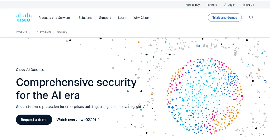 Cisco-Website: Überschrift 'Comprehensive security for the AI era', zwei Buttons, rechts bunte Kreis-Punkt-Grafik.