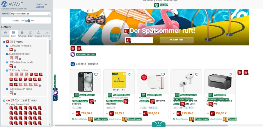 Oberes farbiges Banner mit Text 'Der Spätsommer ruft!', darunter Produktkarten mit Preisen; linke Seitenleiste sichtbar.