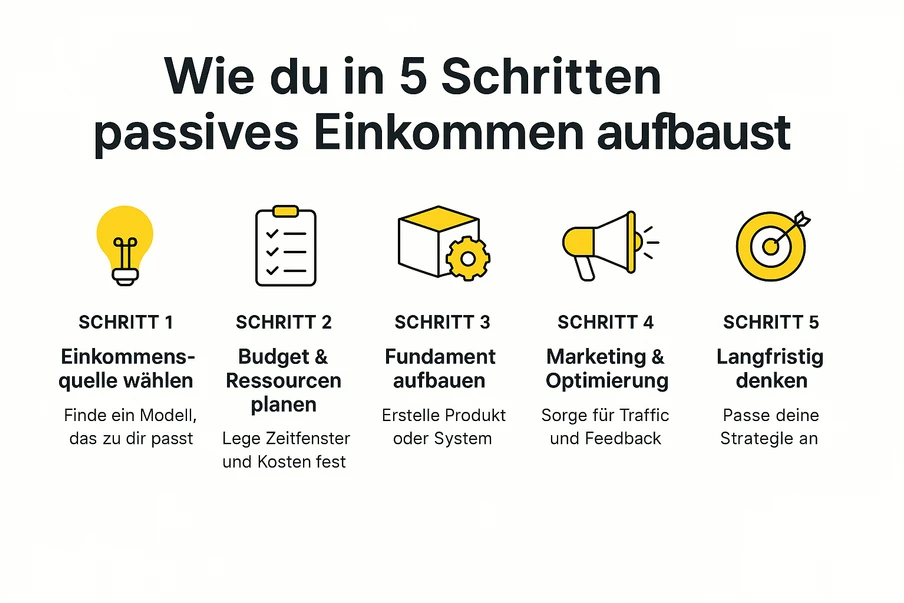Bildtext: Wie du in 5 Schritten passives Einkommen aufbaust fünf Symbole für Step 1–5 (Glühbirne, Liste, Box, Megafon, Ziel).