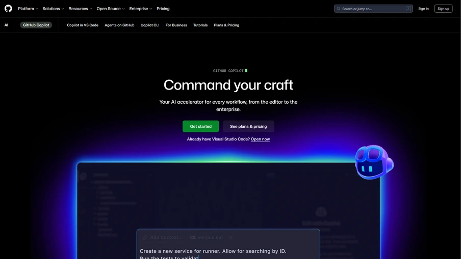 Dunkle Webseite mit Überschrift Command your craft, neonblauer Leuchteffekt hinter Laptop-Screenshot und blauem Icon rechts.