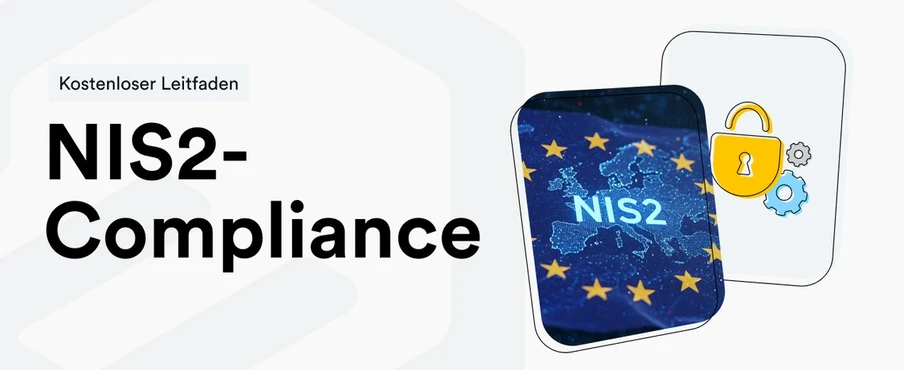 Banner mit NIS2-Compliance und 'Kostenloser Leitfaden'; daneben zwei Karten, eine mit EU-Sternen und NIS2, eine mit Schloss.
