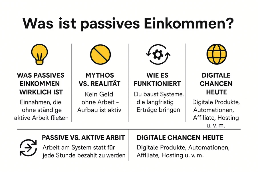 Titel: Was ist passives Einkommen? Vier Symbole: Glühbirne, Kreis, Zahnrad, Globus; darunter zwei Textblöcke.