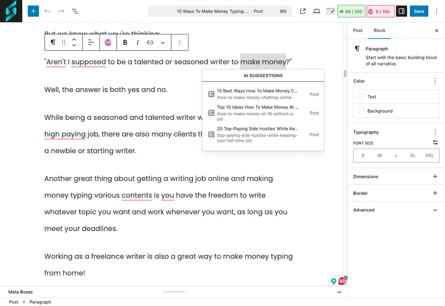 Bildschirm zeigt Texteditor mit deutschem Fließtext, Overlay-Vorschläge, obere Symbolleiste und rechte Block-Einstellungen.