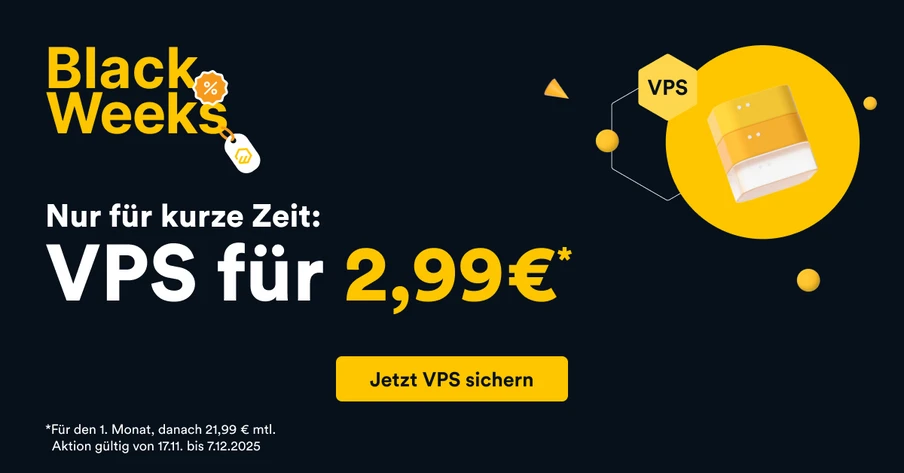 Dunkelblauer Hintergrund mit gelben Akzenten; VPS 2,99€; Button Jetzt VPS sichern; Black Weeks-Logo; Gelbkreis mit Glas.