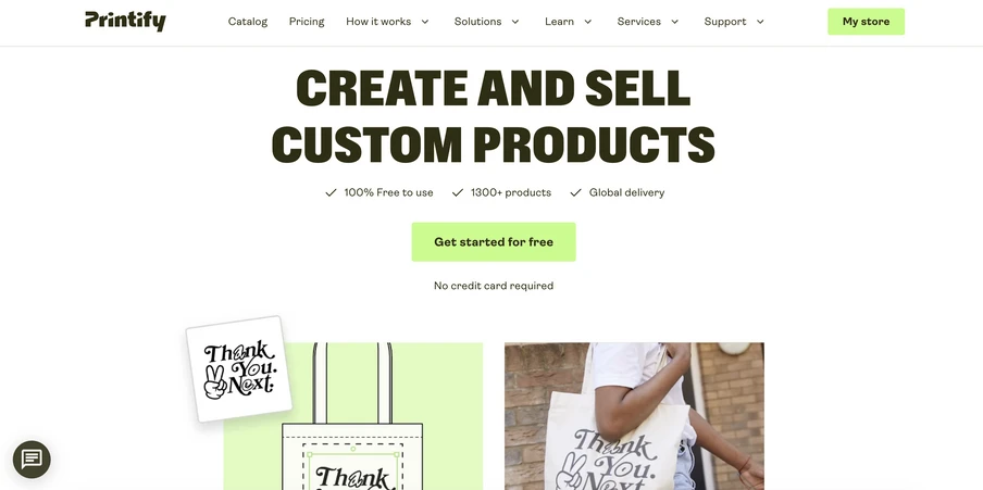 Screenshot einer Website mit der Überschrift CREATE AND SELL CUSTOM PRODUCTS und grünem Button Get started for free