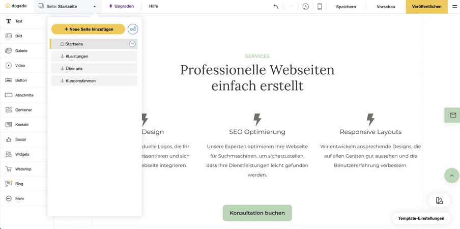 Screenshot einer Webseiten-Editor-Oberfläche: Links-Menü, zentrale Überschrift, drei Icons und grüner Button.