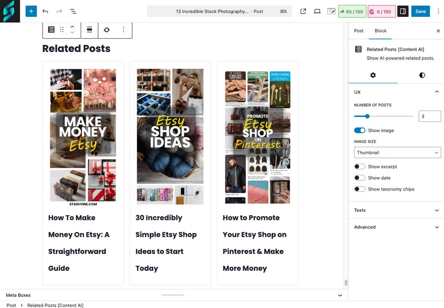 Webseiten-Screenshot: Abschnitt Related Posts mit vier Vorschaubildern und kurzen Titeln.