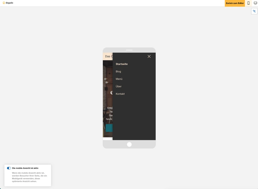 Zentriertes Smartphone mit dunklem Overlay-Menü; Einträge: Startseite, Blog, Menu, Über, Kontakt. Heller Hintergrund.