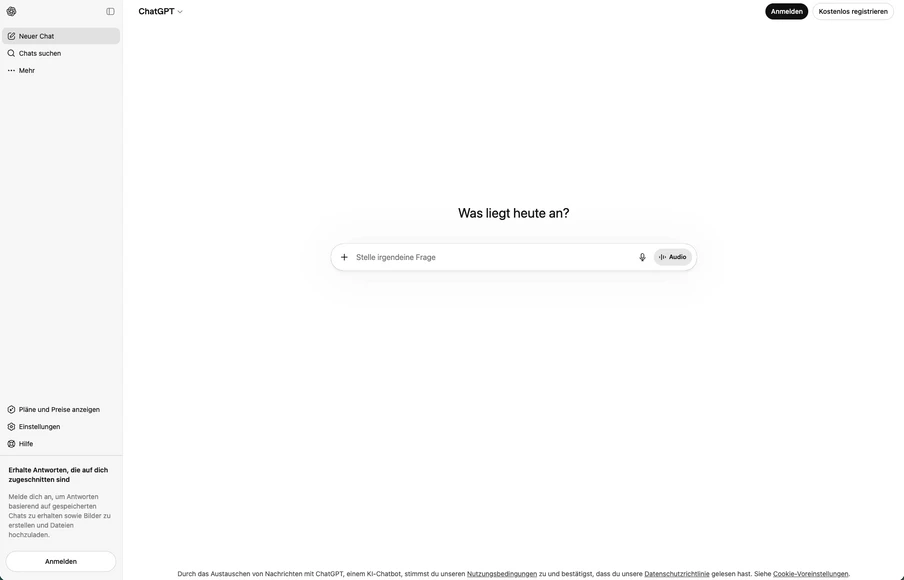 Weißes ChatGPT-Interface; linke Seitenleiste mit Menüpunkten, zentrale Karte mit 'Was liegt heute an?', Anmelden.