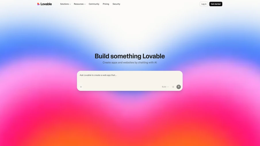 Gradientenhintergrund in Blau, Pink und Orange; zentrale Überschrift 'Build something Lovable' über einer weißen, abgerundeten Chat-Box.