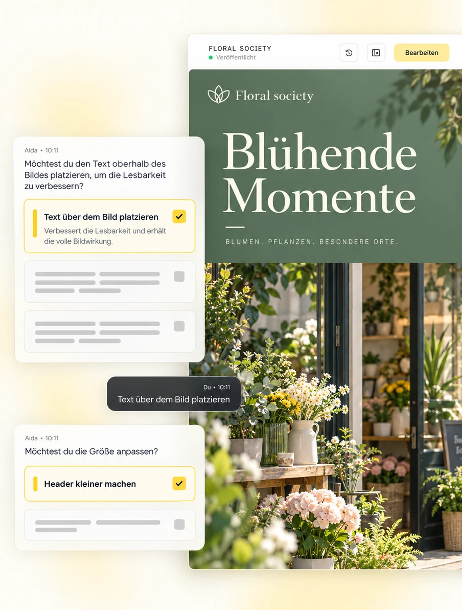 Screenshot einer Webseite mit grünem Banner 'Blühende Momente' und Floral Society-Logo; Blumenarrangements im Vordergrund, linke Chat-Popups.
