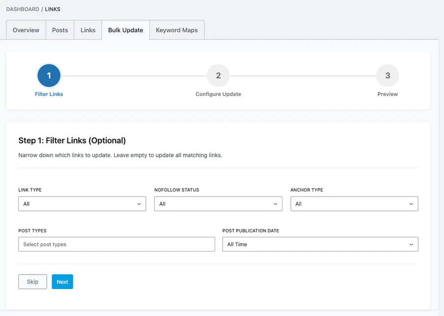 Screenshot einer Web-App mit Navigationsleiste und Tabs; Step 1: Filter Links-Formular mit Dropdowns; Skip/Next.